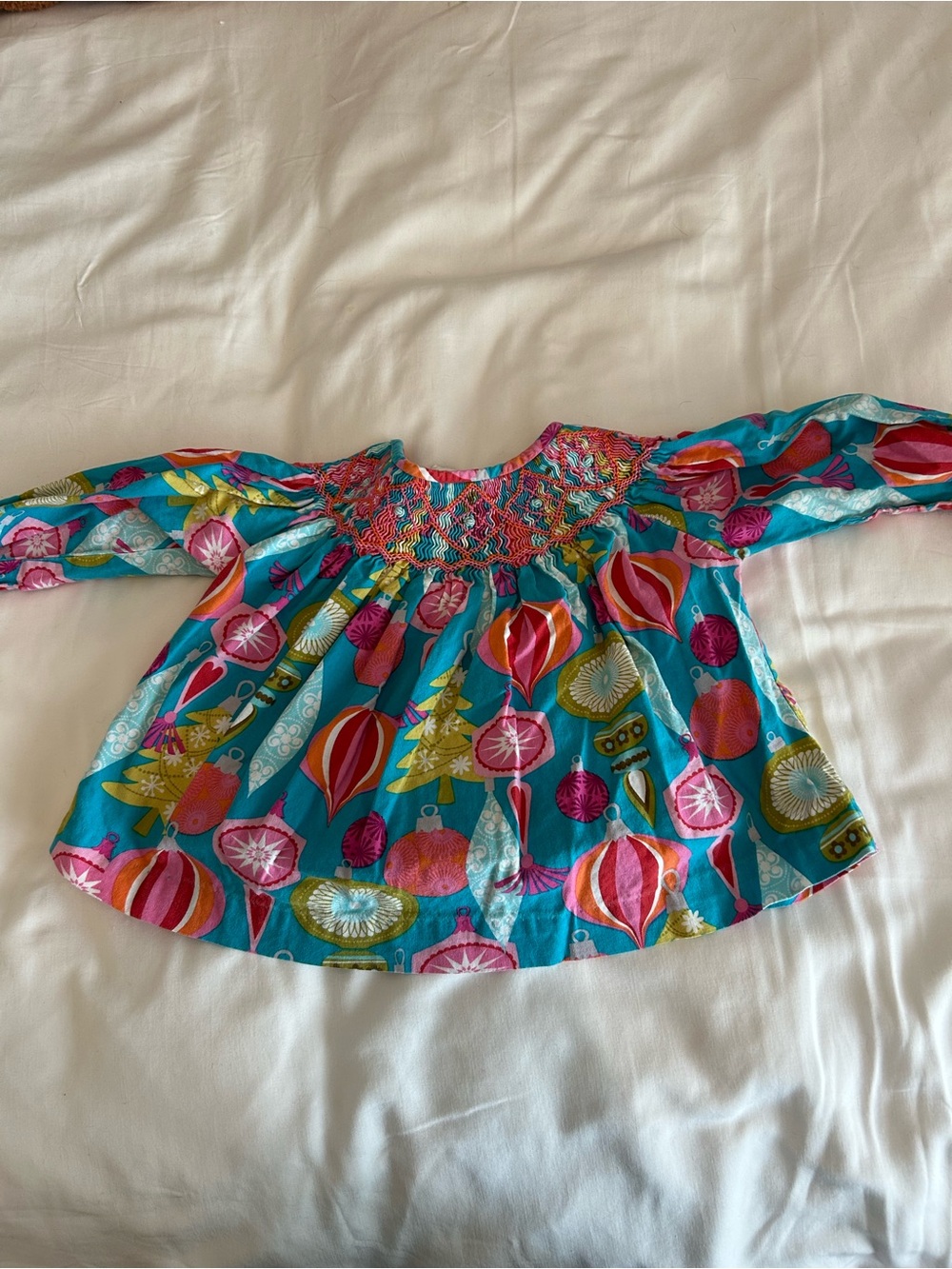 Smocked Holiday Ornament Top in Turquoise & Pink